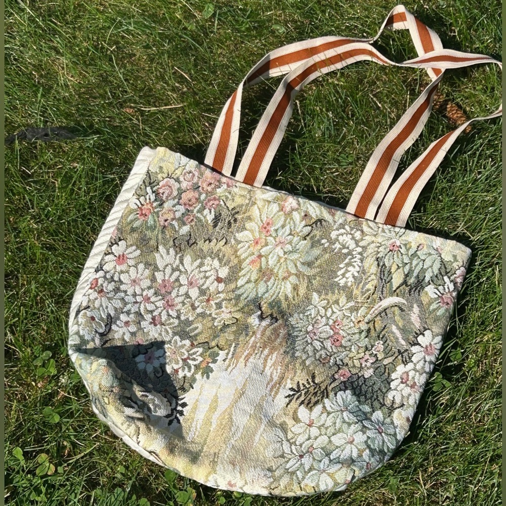 Unique Vintage Floral Tapestry Tote with Striped Handles